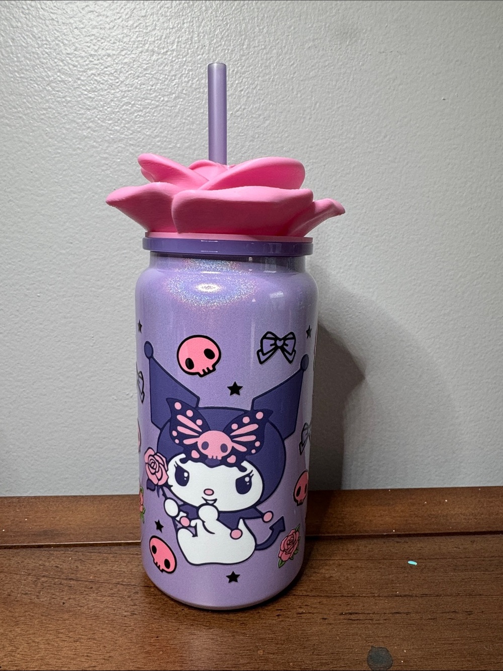 Purple Kuromi Glitter Tumbler with Pink Flower Lid